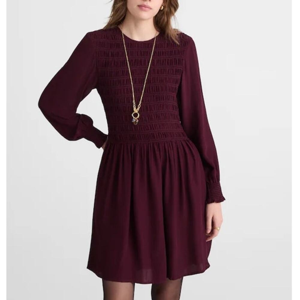 Madewell Long Sleeve Smocked Mini Dress Dark Pomegranate Size Medium NWT